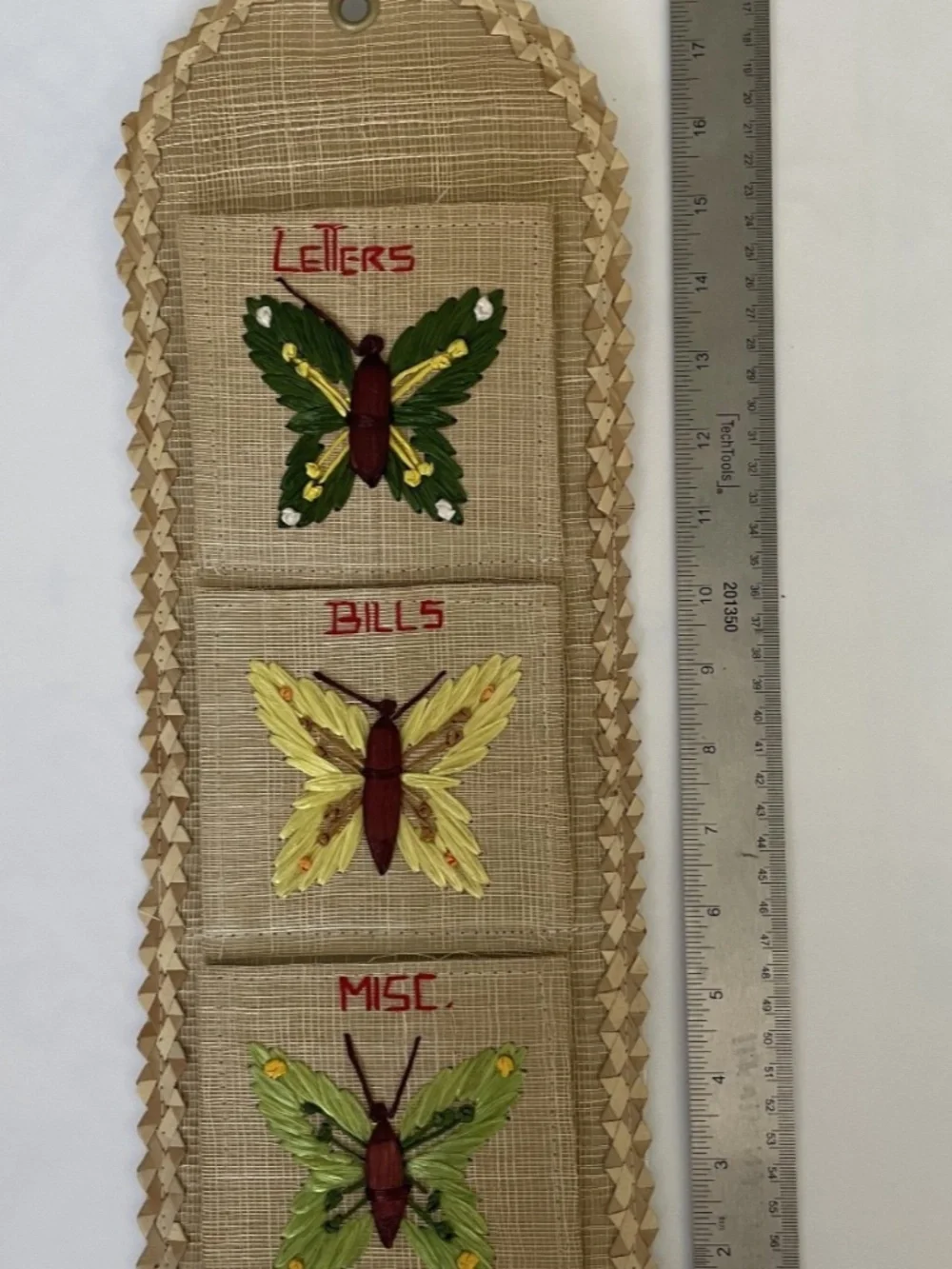 Vintage Wicker Wall Organizer Mail Letter Bill Holder 3 Pocket Butterfly Stitch